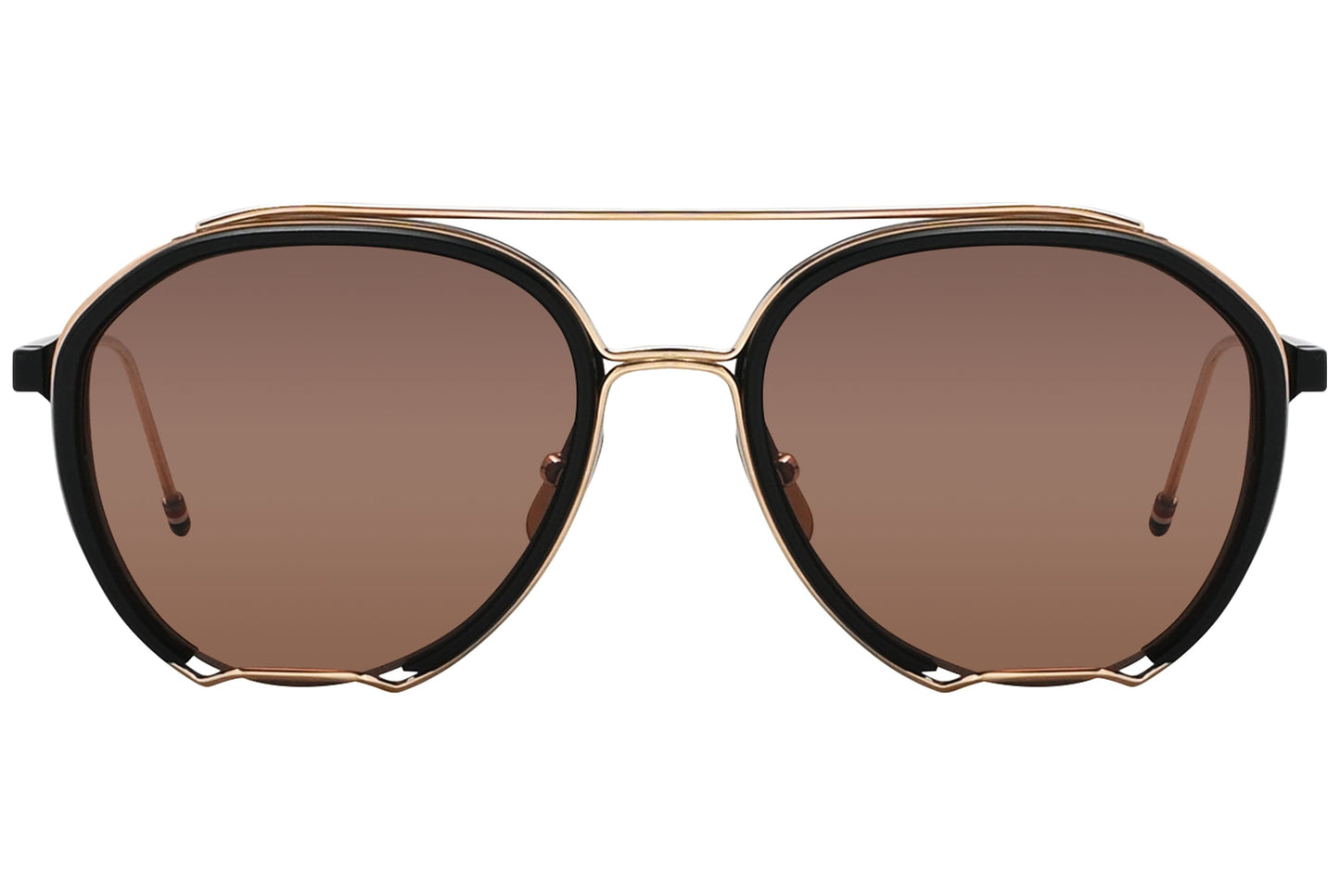 A pair of Thom Browne aviator sunglasses with black and gold color scheme.