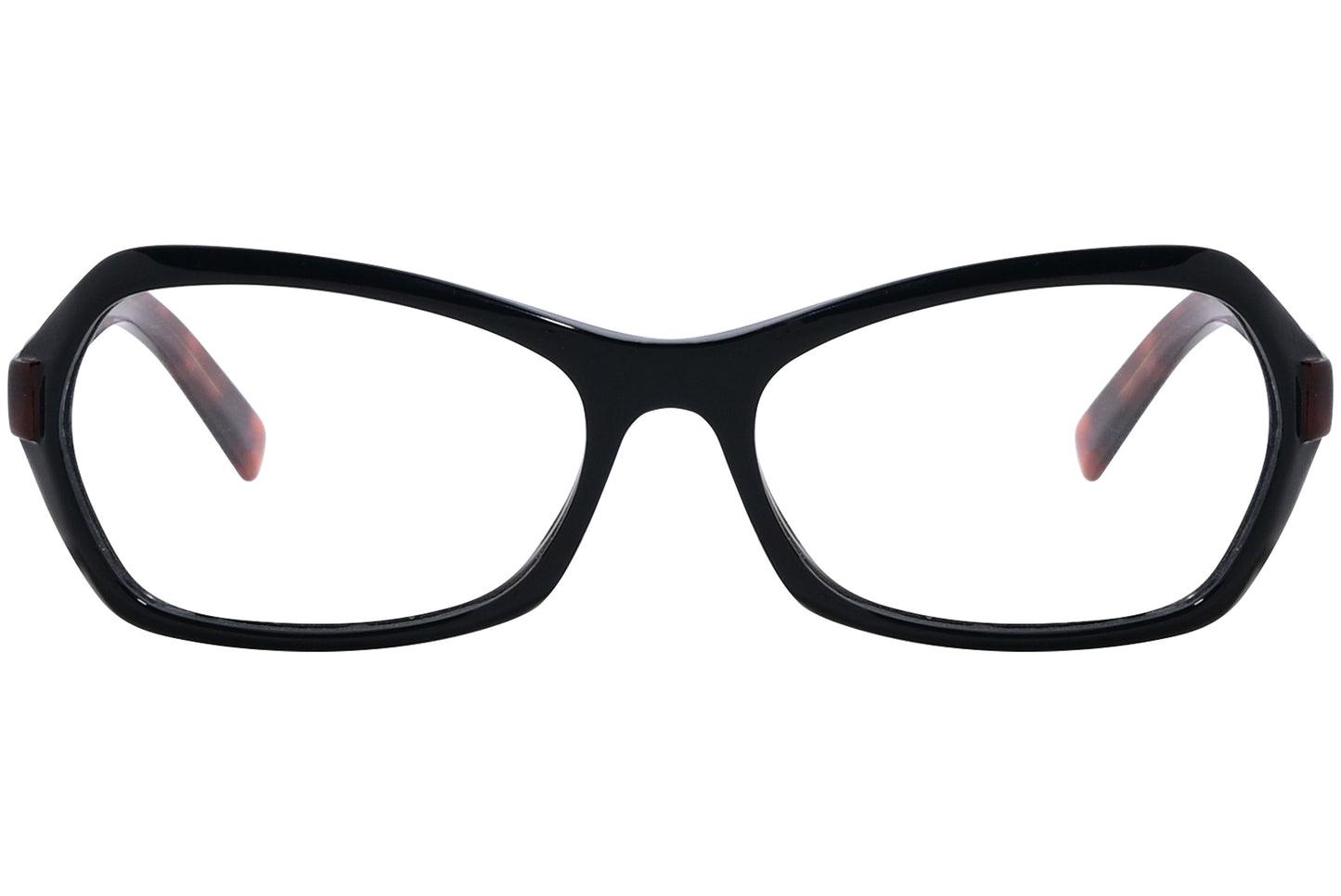 A pair of rectangle eyeglasses with black and orange frames.