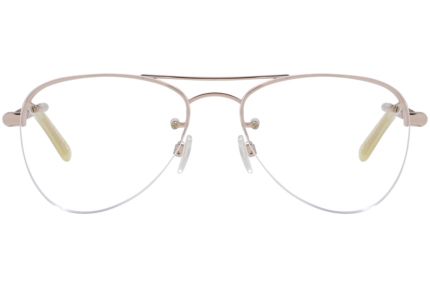A pair of gold aviator eyeglasses with a metallic frame.