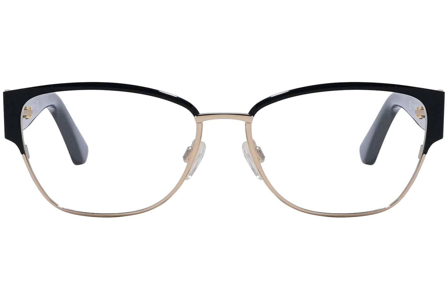 A pair of rectangle eyeglasses with black and gold frames.