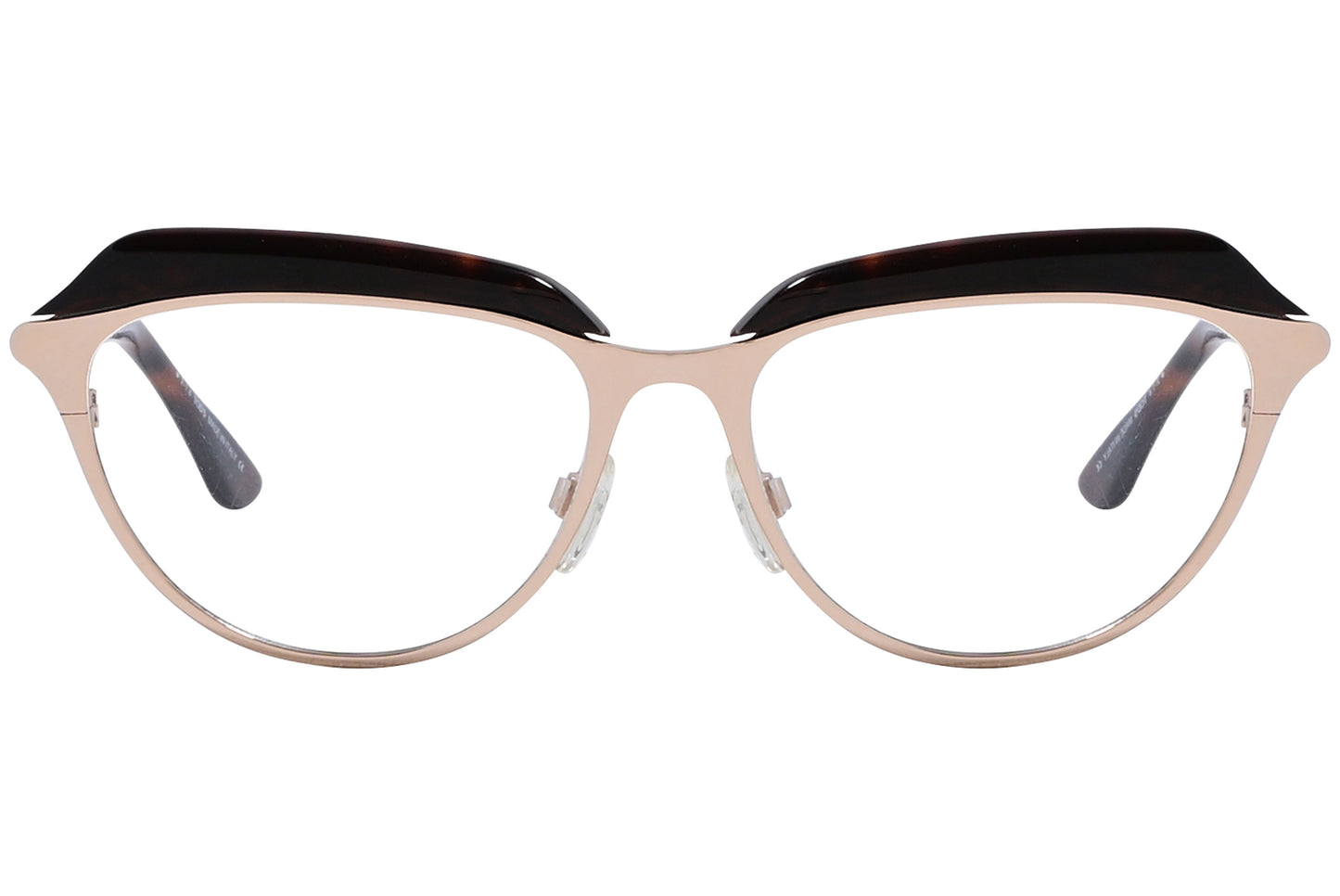 A pair of gold-colored cat-eye eyeglasses with black accents on the arms.
