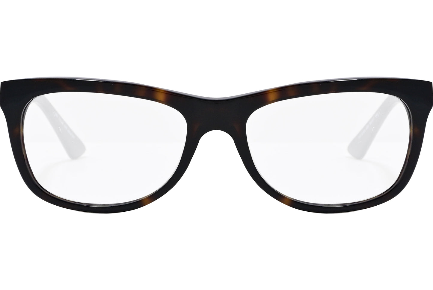 A pair of rectangle eyeglasses with a tortoise color frame.
