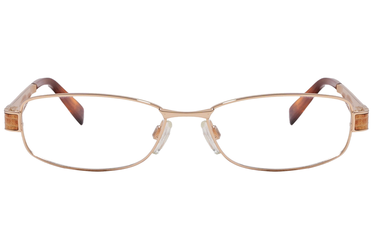 A pair of rectangle eyeglasses with gold frame and brown temples.