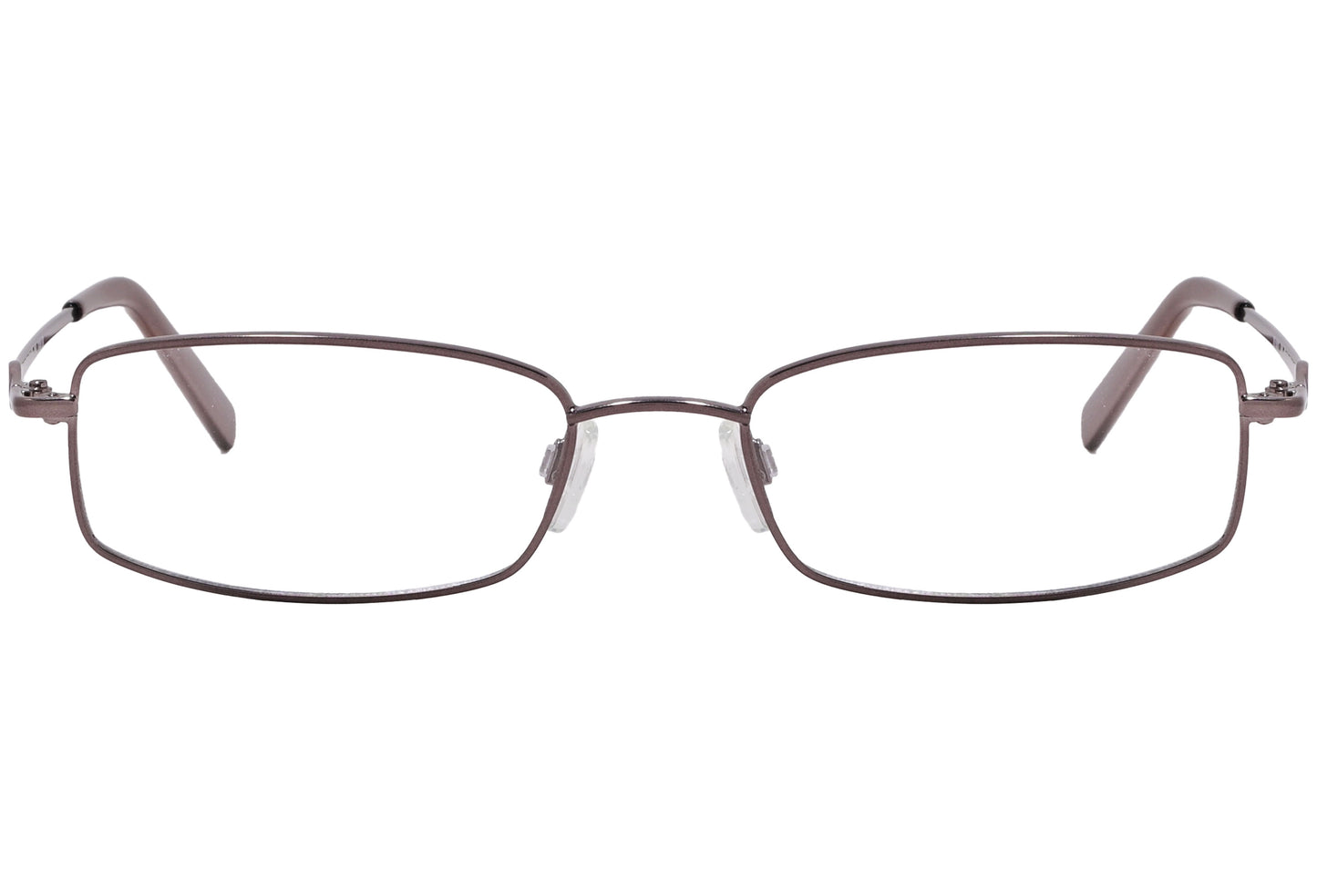A pair of brown rectangle eyeglasses with a metallic frame.