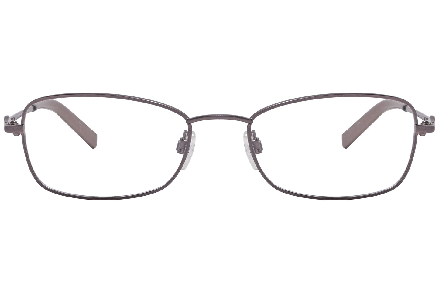 Brown rectangle eyeglasses with a metallic frame and plastic lenses.