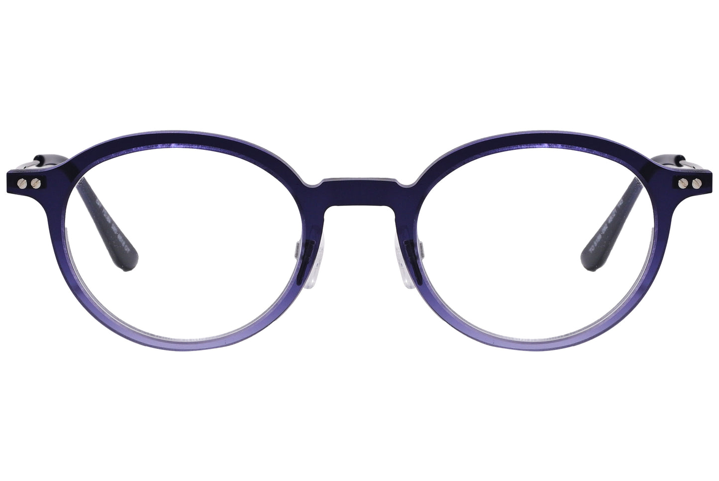 A photo of round eyeglasses with a purple frame and black accents on the arms.