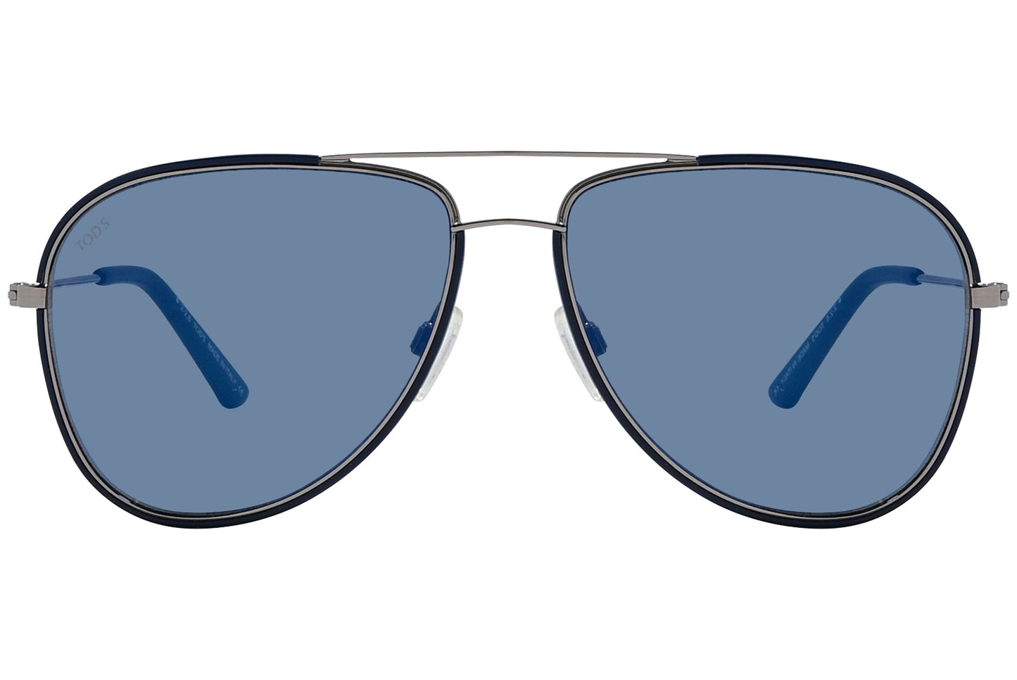 Close-up of blue aviator sunglasses with sleek metal frame and tinted lenses.
