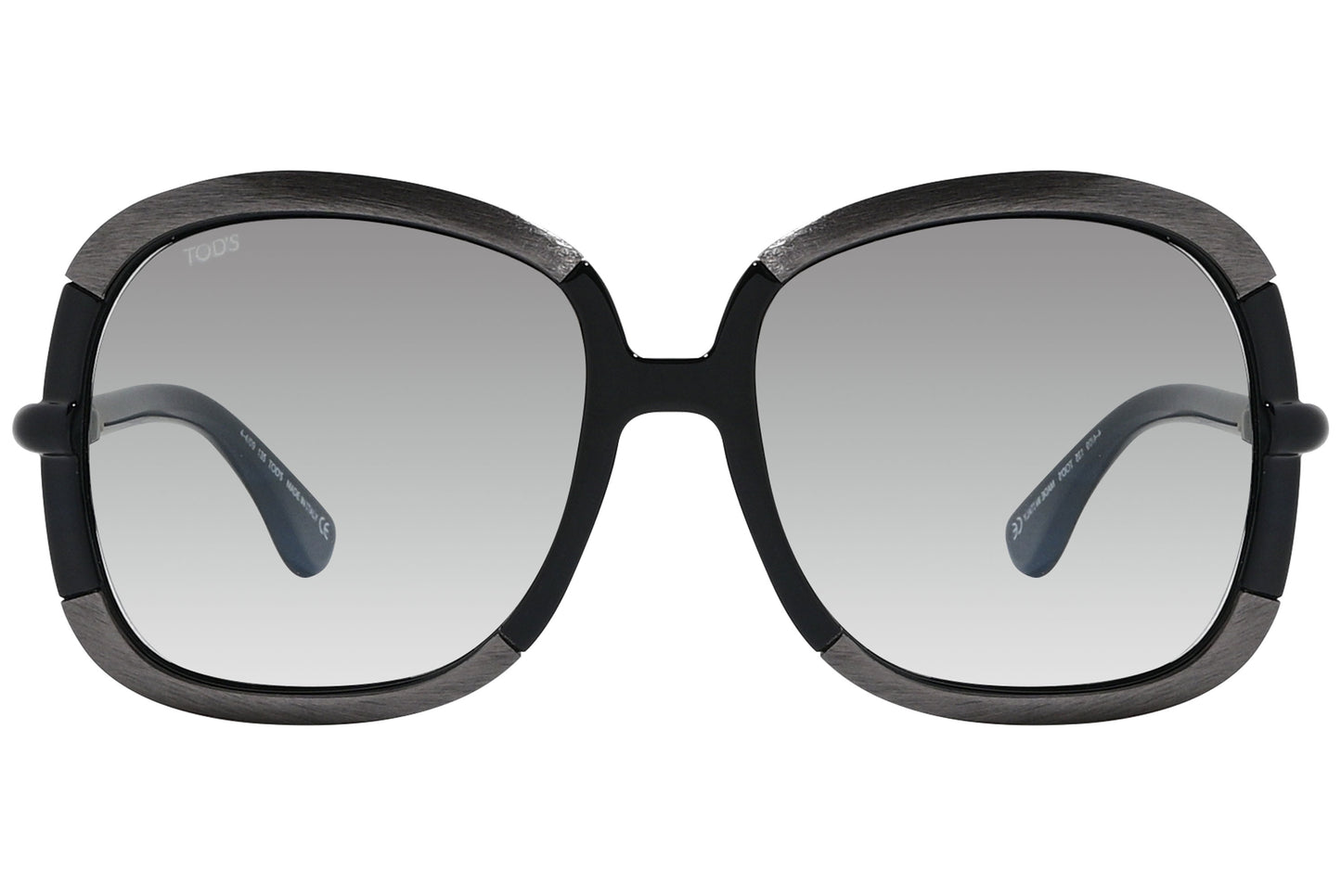 Close-up of black square sunglasses with bold frame and dark lenses.