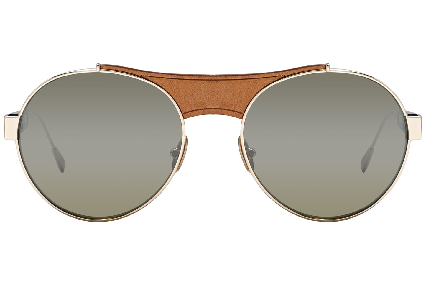 A pair of round full frame sunglasses with gold-colored frames and lenses, and a metallic non-specified material.
