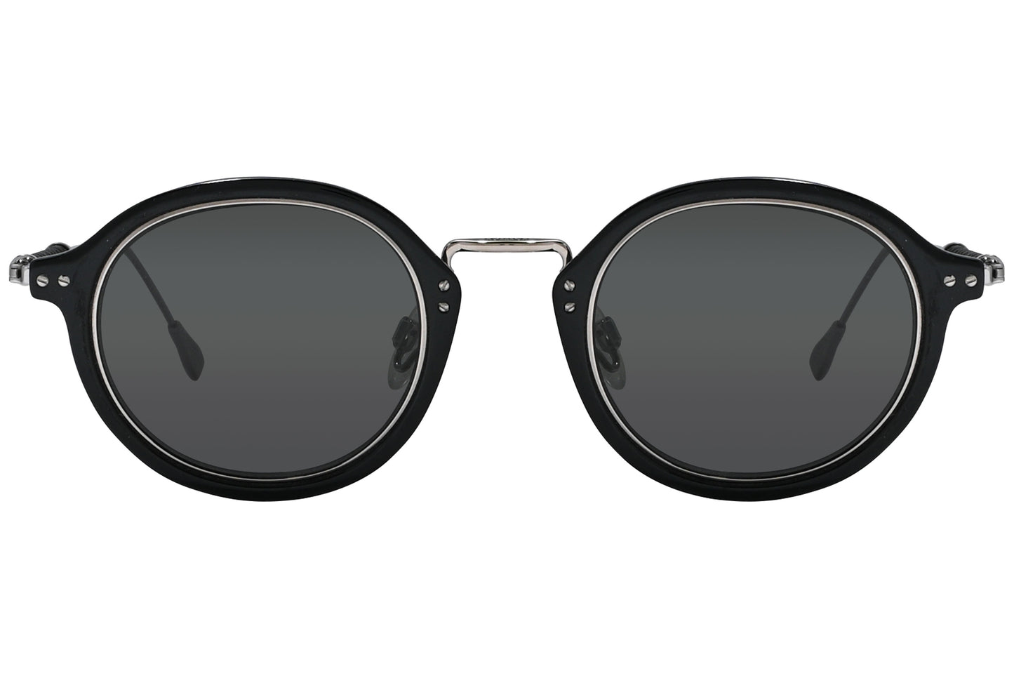A pair of black round sunglasses with a metal bridge and plastic lenses.