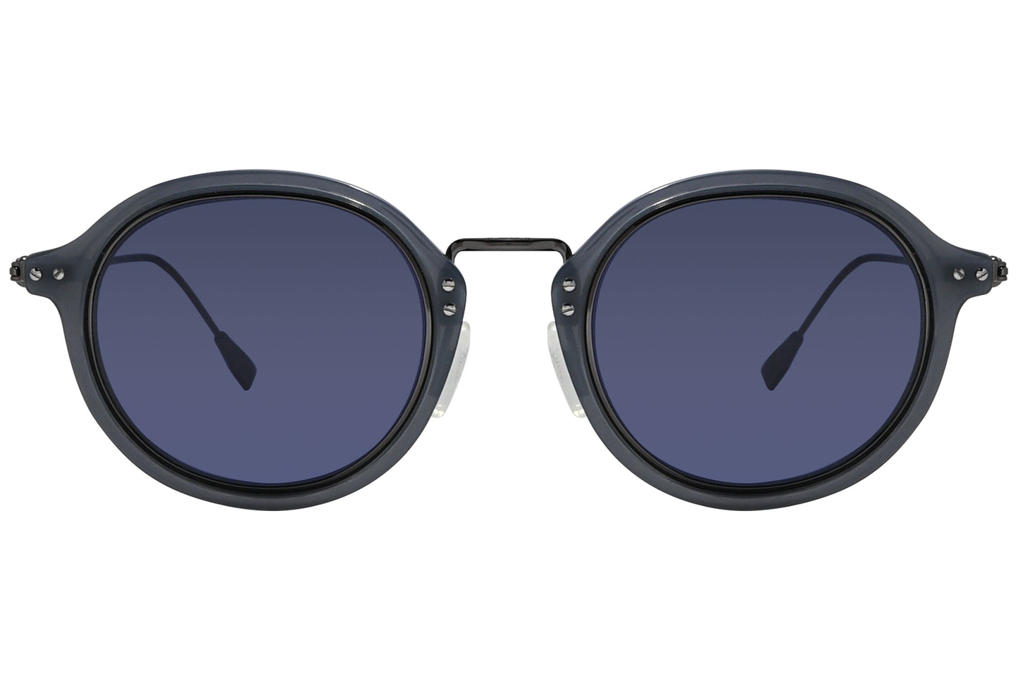 A pair of round sunglasses with a gray frame and titanium temples.