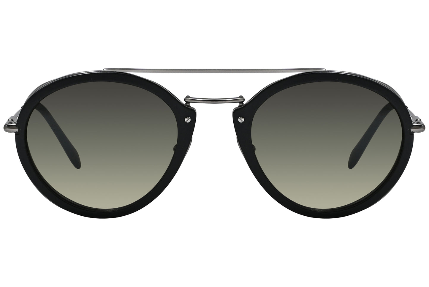 A pair of black round sunglasses with a metal bridge and acetate frame.