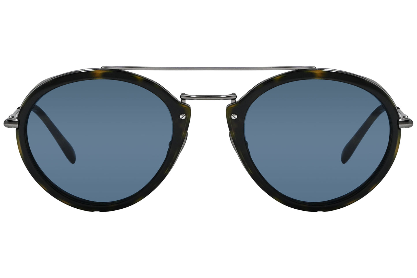 A pair of tortoise-patterned aviator sunglasses with blue lenses and a metal bridge.