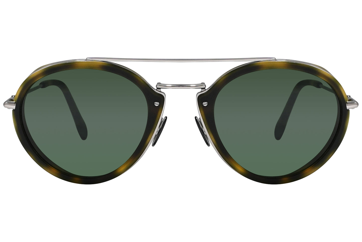 A pair of tortoise-patterned aviator sunglasses with green lenses and a metal bridge.