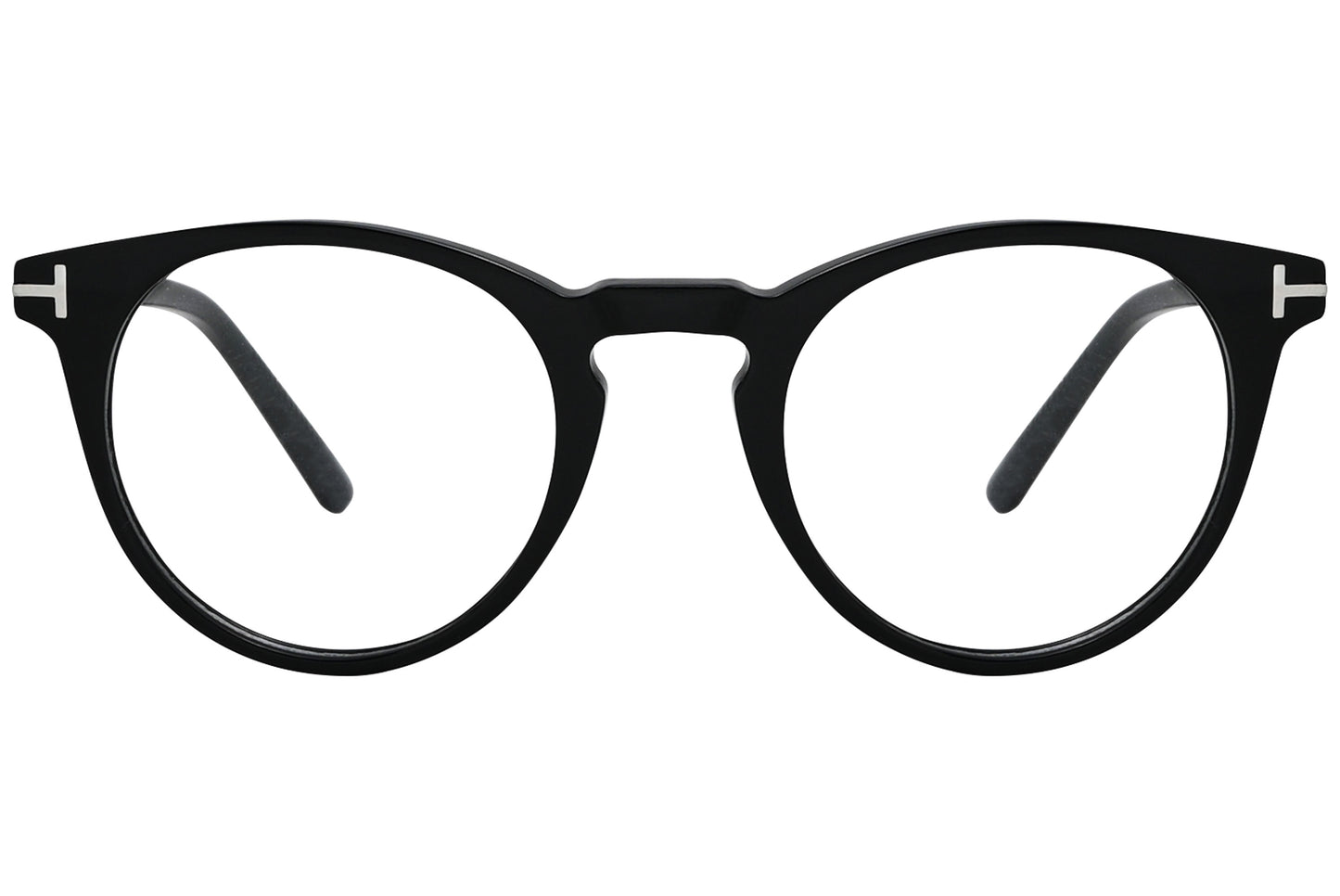 A pair of Tom Ford round eyeglasses with black acetate frame.