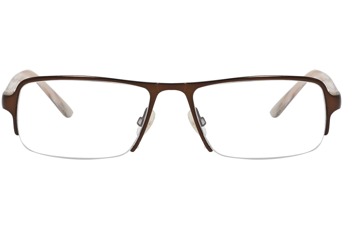 A pair of Tom Ford rectangle eyeglasses with brown full frame and metal hinges.