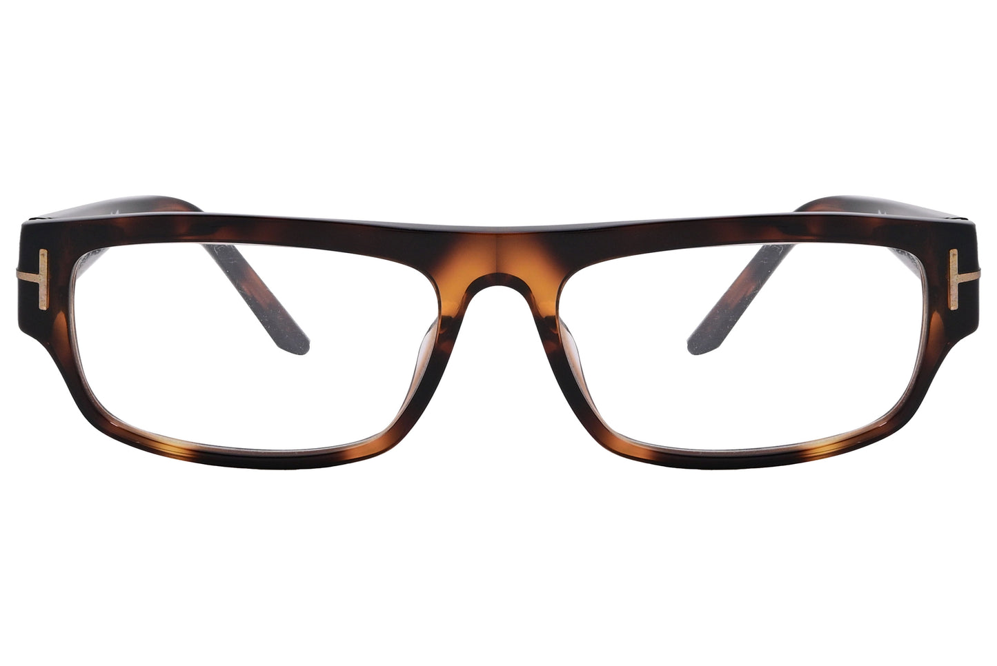 A pair of Tom Ford rectangle eyeglasses with brown tortoise color frame.
