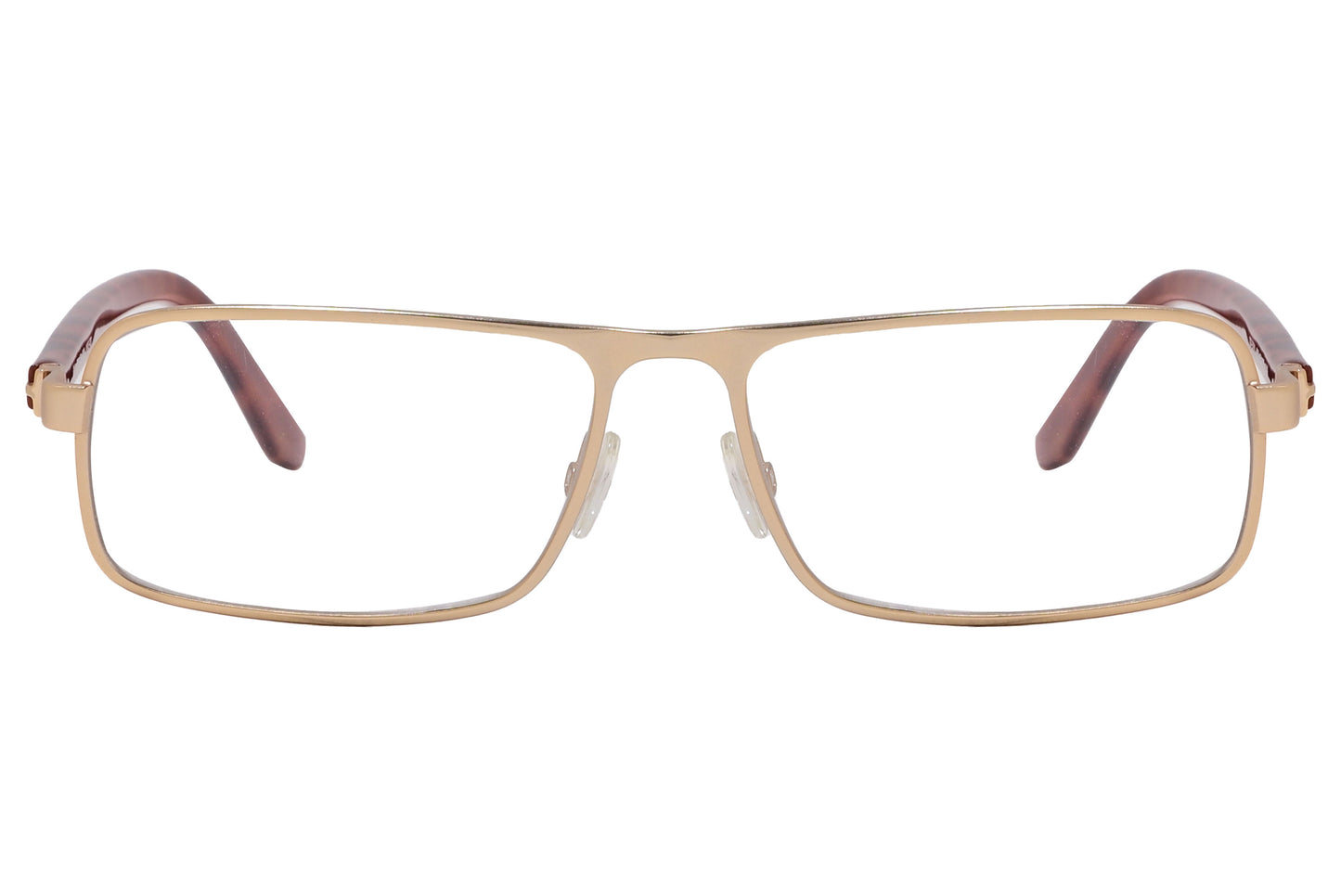 A pair of Tom Ford rectangle eyeglasses with gold and brown frames.