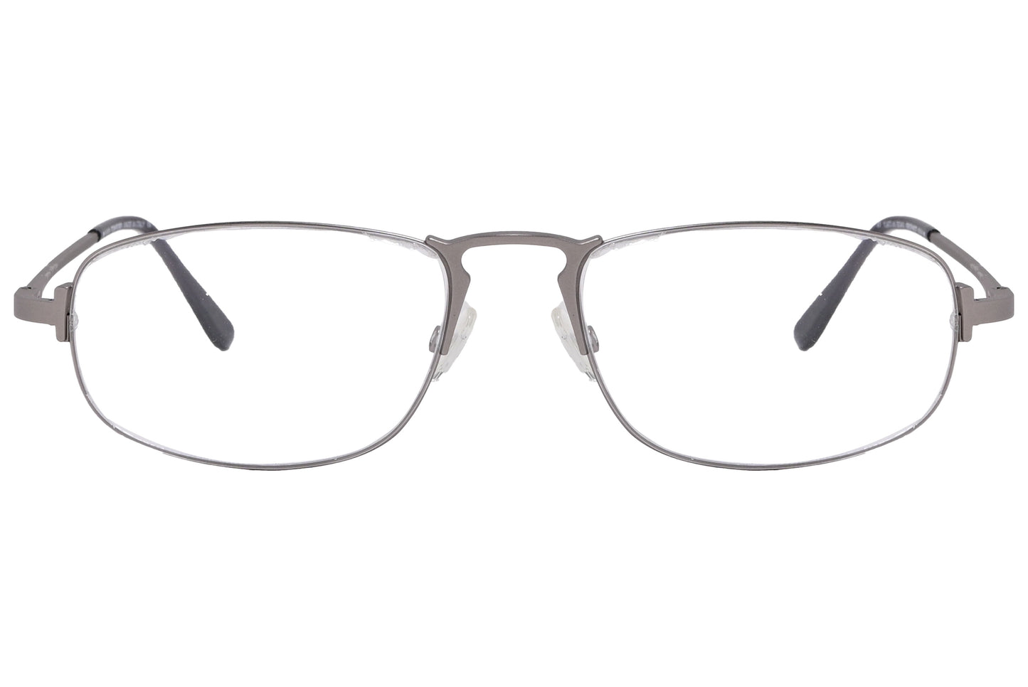 A pair of gray rectangle eyeglasses with a metallic frame.