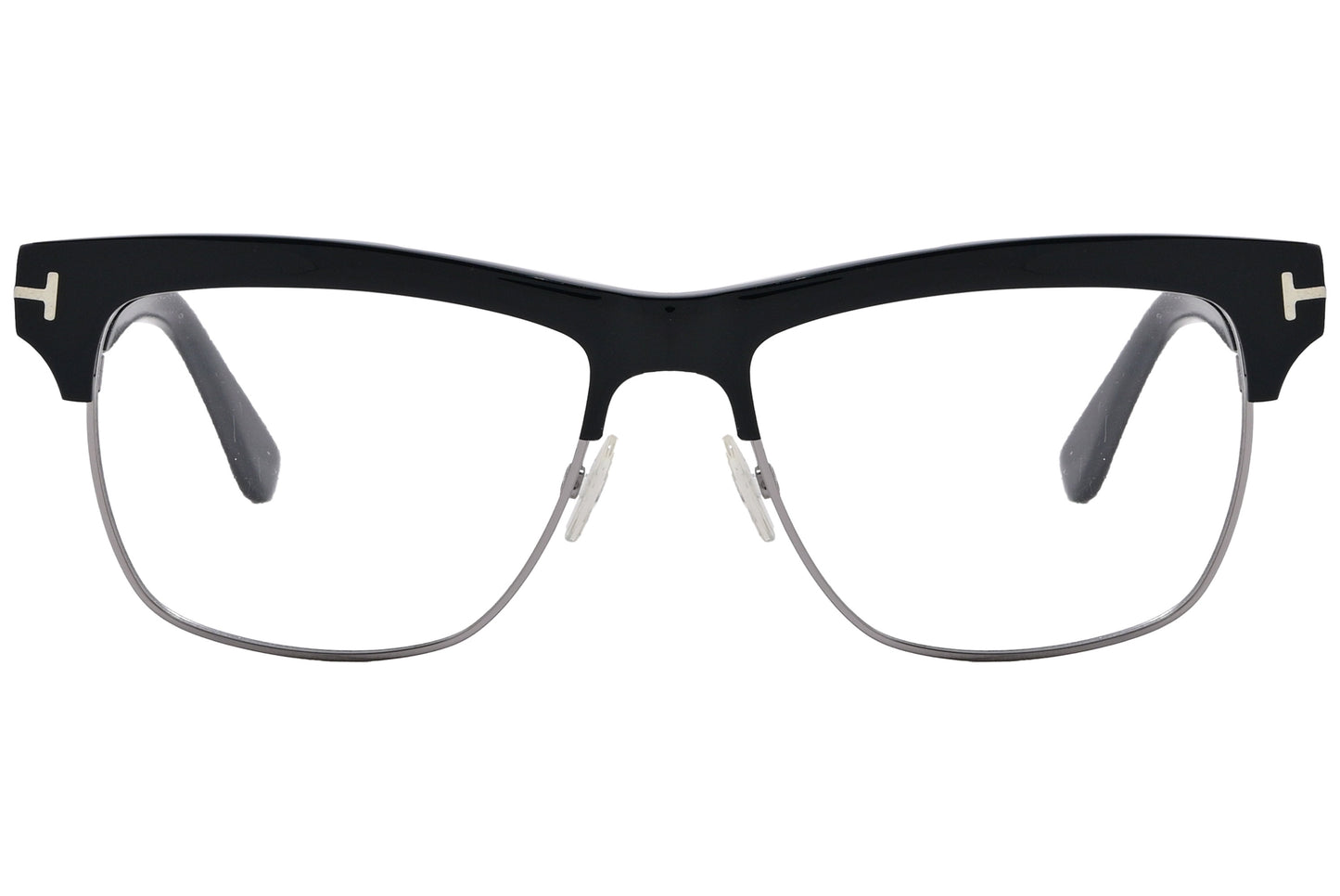 A pair of Tom Ford browline eyeglasses with black and gray frames.