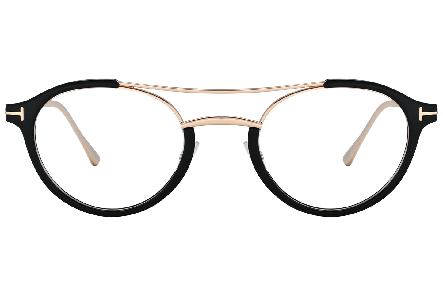 A pair of Tom Ford oval eyeglasses with a black acetate frame and gold metal accents on the arms.