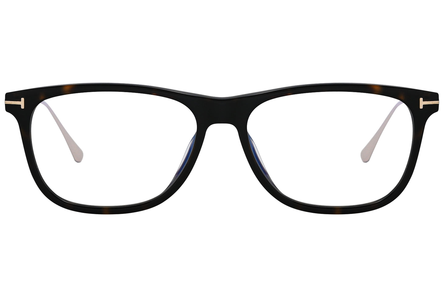 A pair of Tom Ford rectangle eyeglasses with a tortoise color frame.