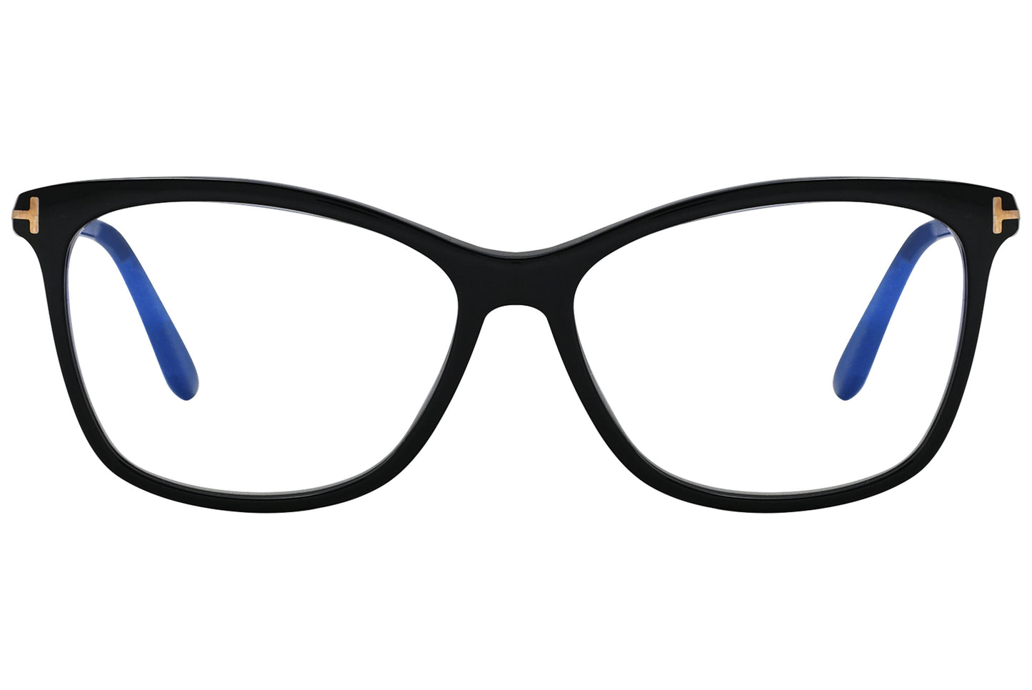 A pair of Tom Ford rectangle eyeglasses with black frames and blue accent on the inside.