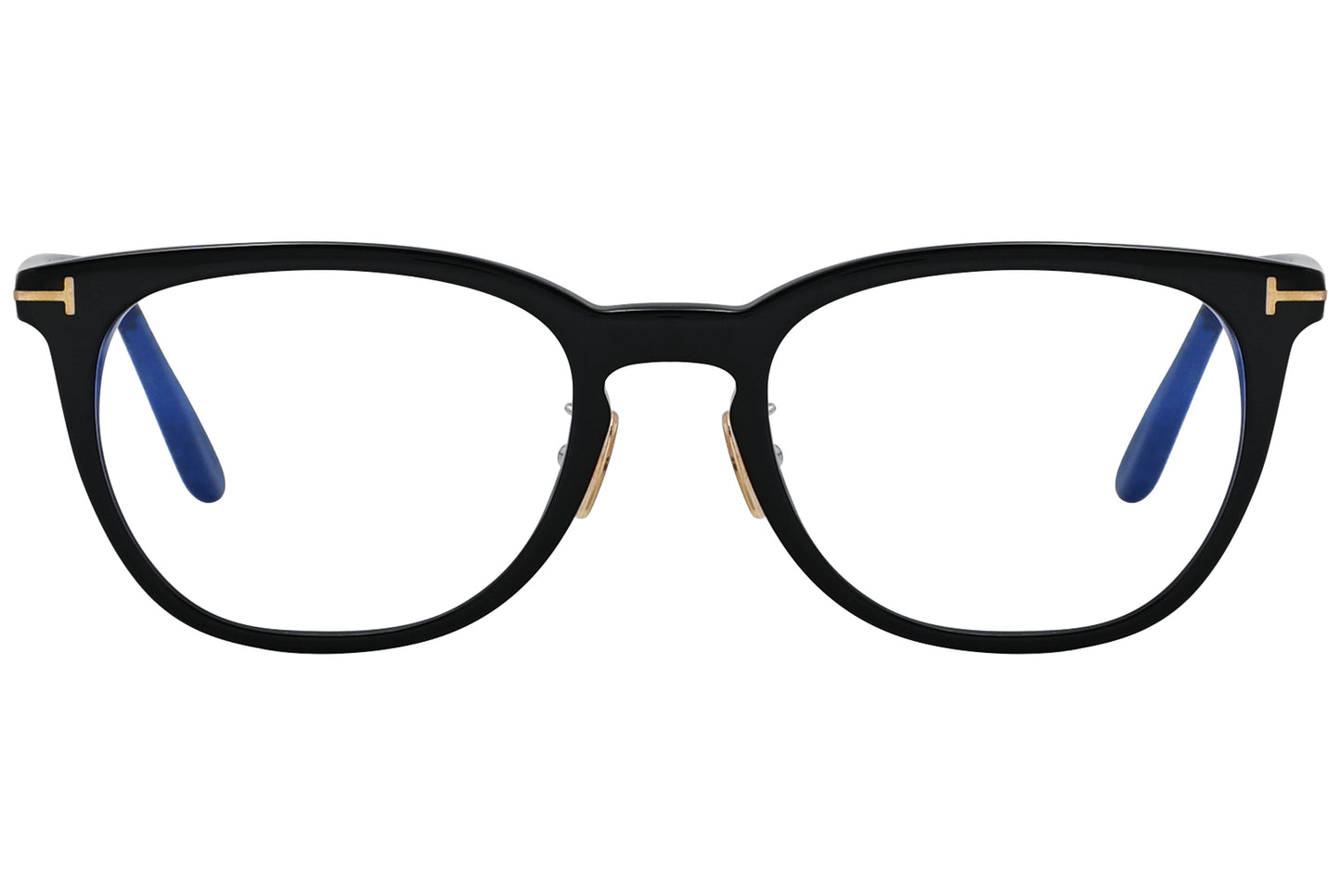 A pair of Tom Ford oval eyeglasses with black acetate frame and metal temples.