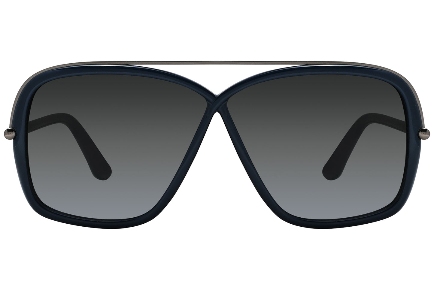 A pair of Tom Ford Brenda sunglasses with blue and black frame, as well as grey lenses.