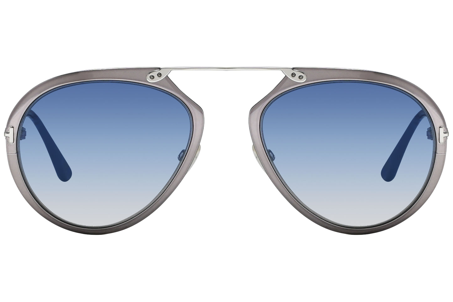 A pair of Tom Ford TF508-12W sunglasses with gray frame and blue lenses.