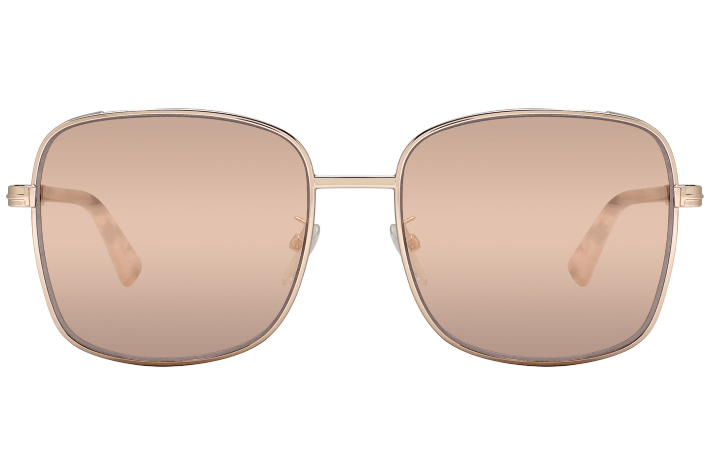 A pair of Tom Ford square sunglasses with pink lenses and a metallic rose gold frame.
