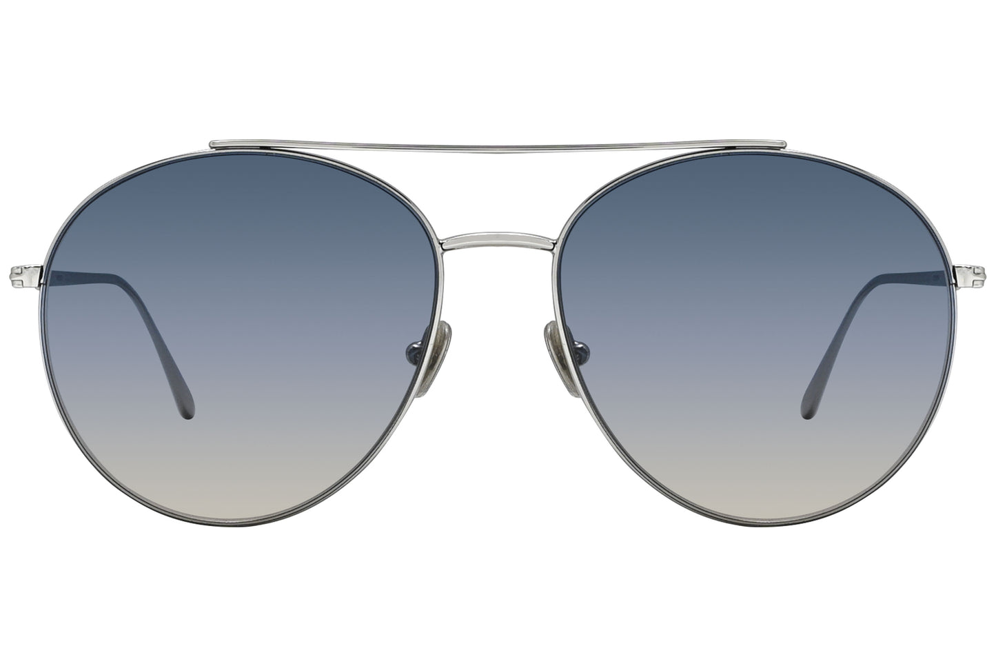 A pair of Tom Ford sunglasses with a silver metal frame and blue lenses.