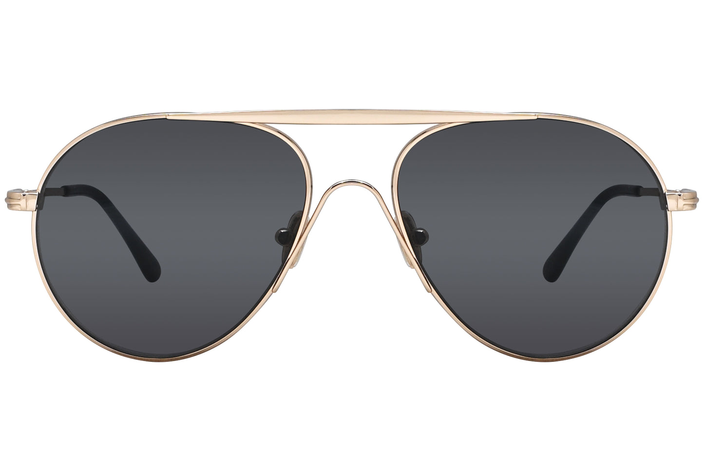A pair of Tom Ford aviator sunglasses with gold frame and gray lenses.
