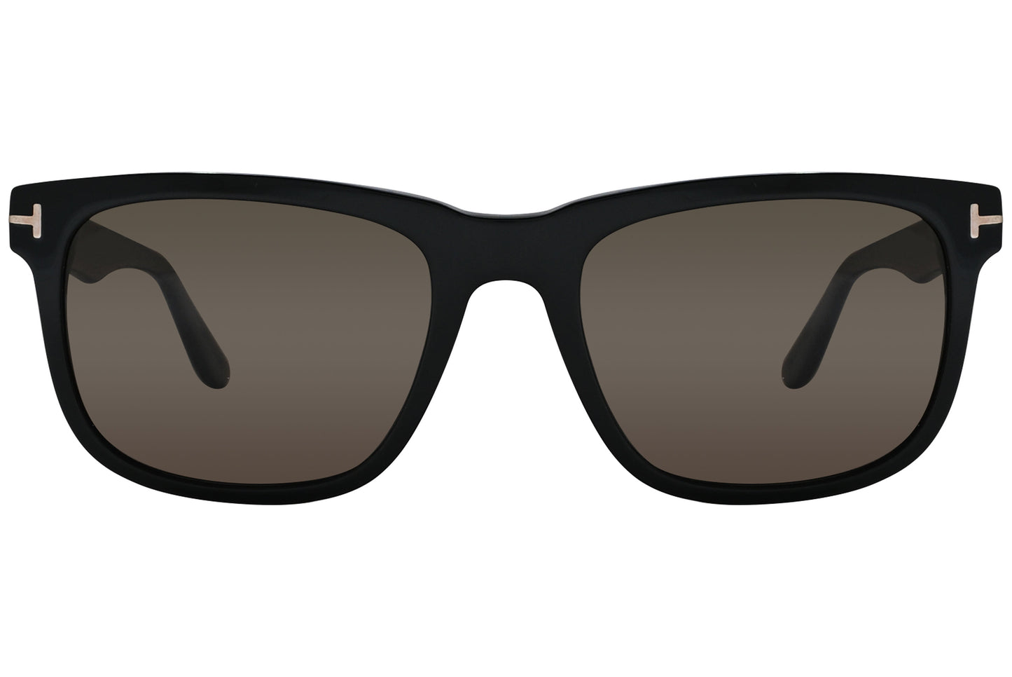 A pair of black Tom Ford Wayfarer sunglasses with a sleek design, including distinctive brand details.