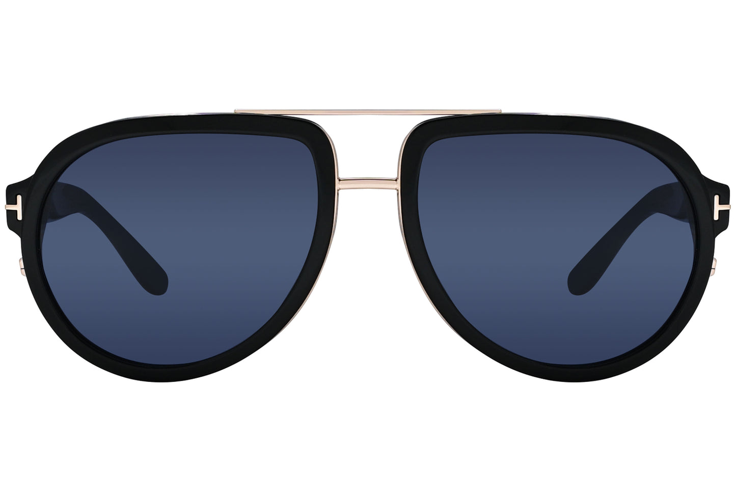A pair of Tom Ford Geoffrey aviator sunglasses with black and blue lenses and gold accents.
