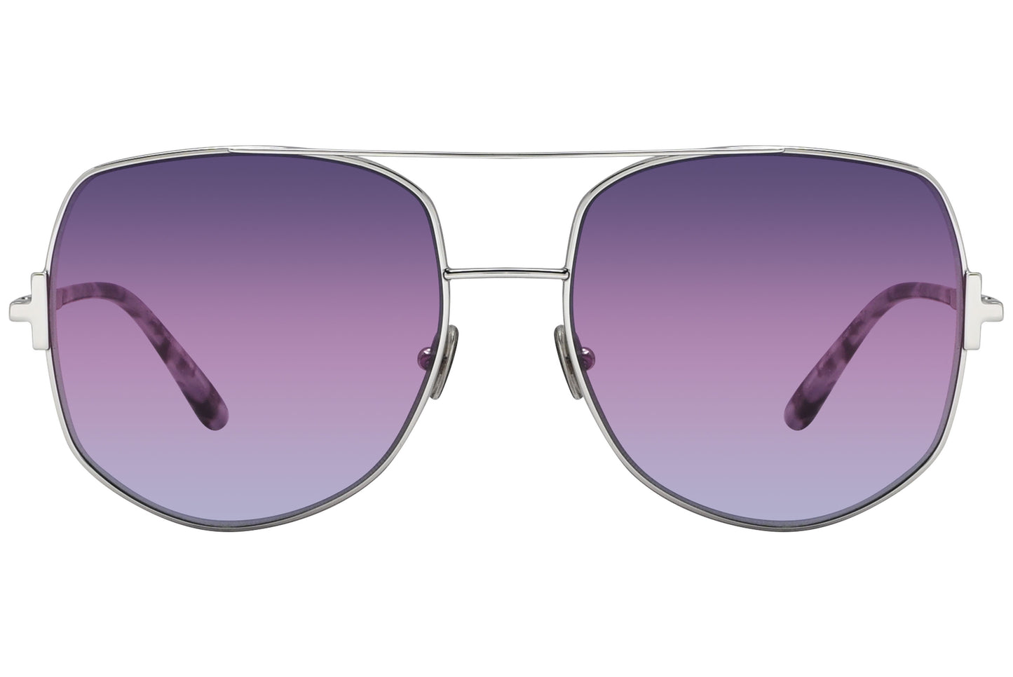 A pair of Tom Ford aviator sunglasses with silver metal frame and purple lenses.