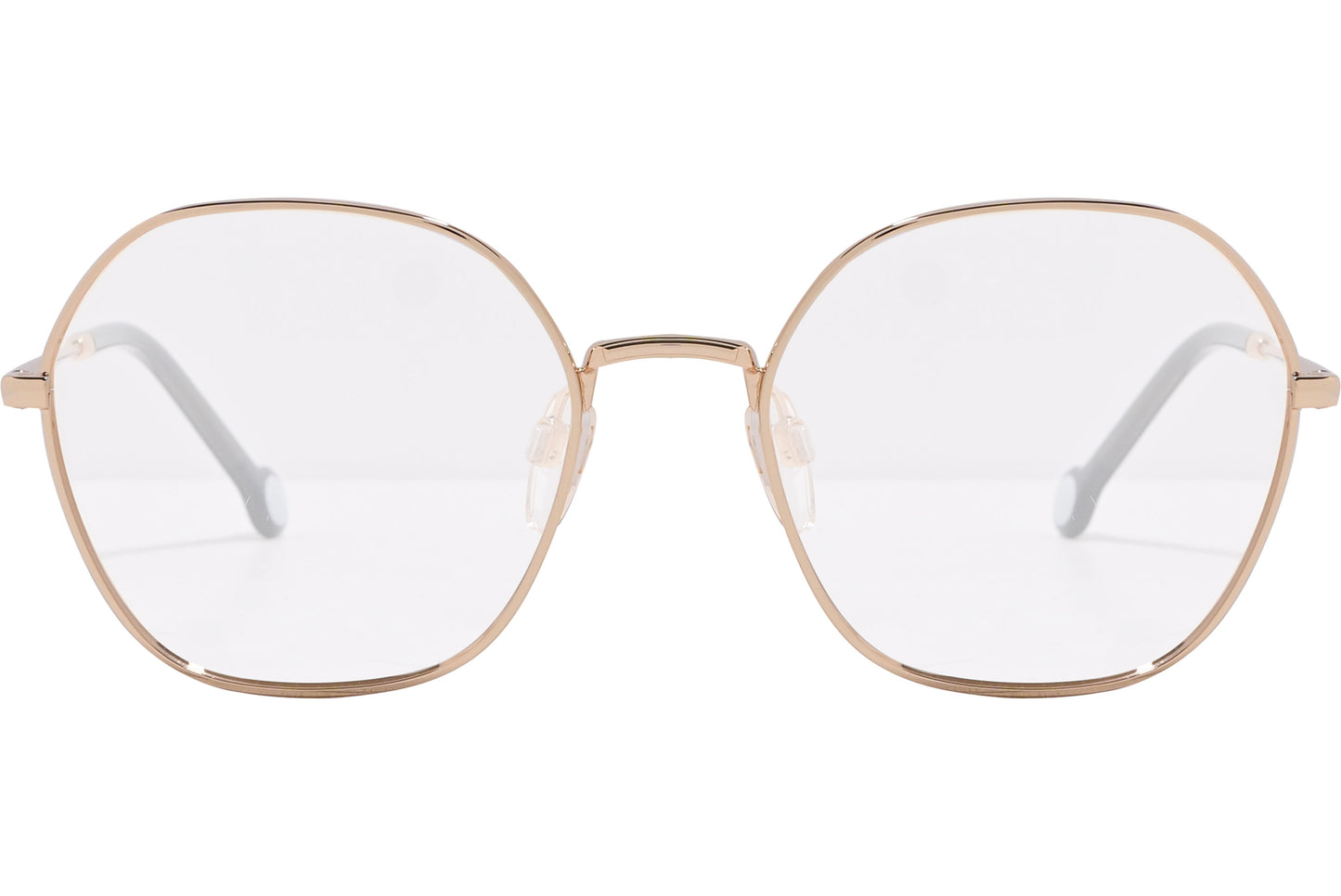 Close-up of Tommy Hilfiger TH1879-000 eyeglasses – gold hexagonal frame detail for women