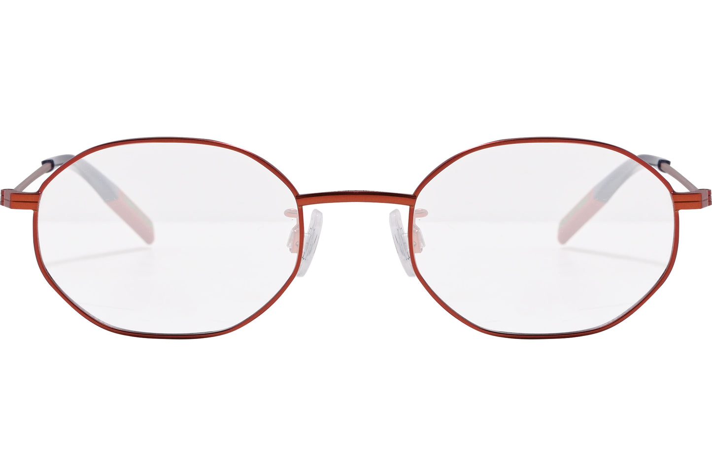Close-up of Tommy Hilfiger TJ0022-2M5 eyeglasses – bold red hexagonal frame detail