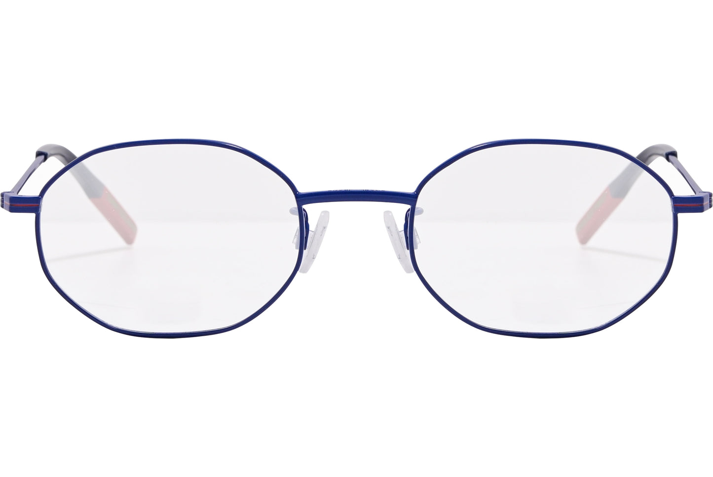 Close-up of Tommy Hilfiger TJ0022-WIR eyeglasses – blue hexagonal frame detail