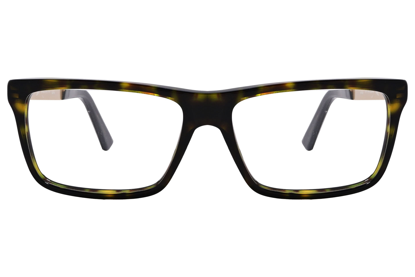 A pair of Wayfarer eyeglasses with a yellow tortoise frame