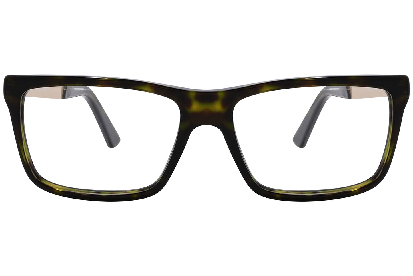 A pair of Wayfarer eyeglasses with a tortoise color frame.