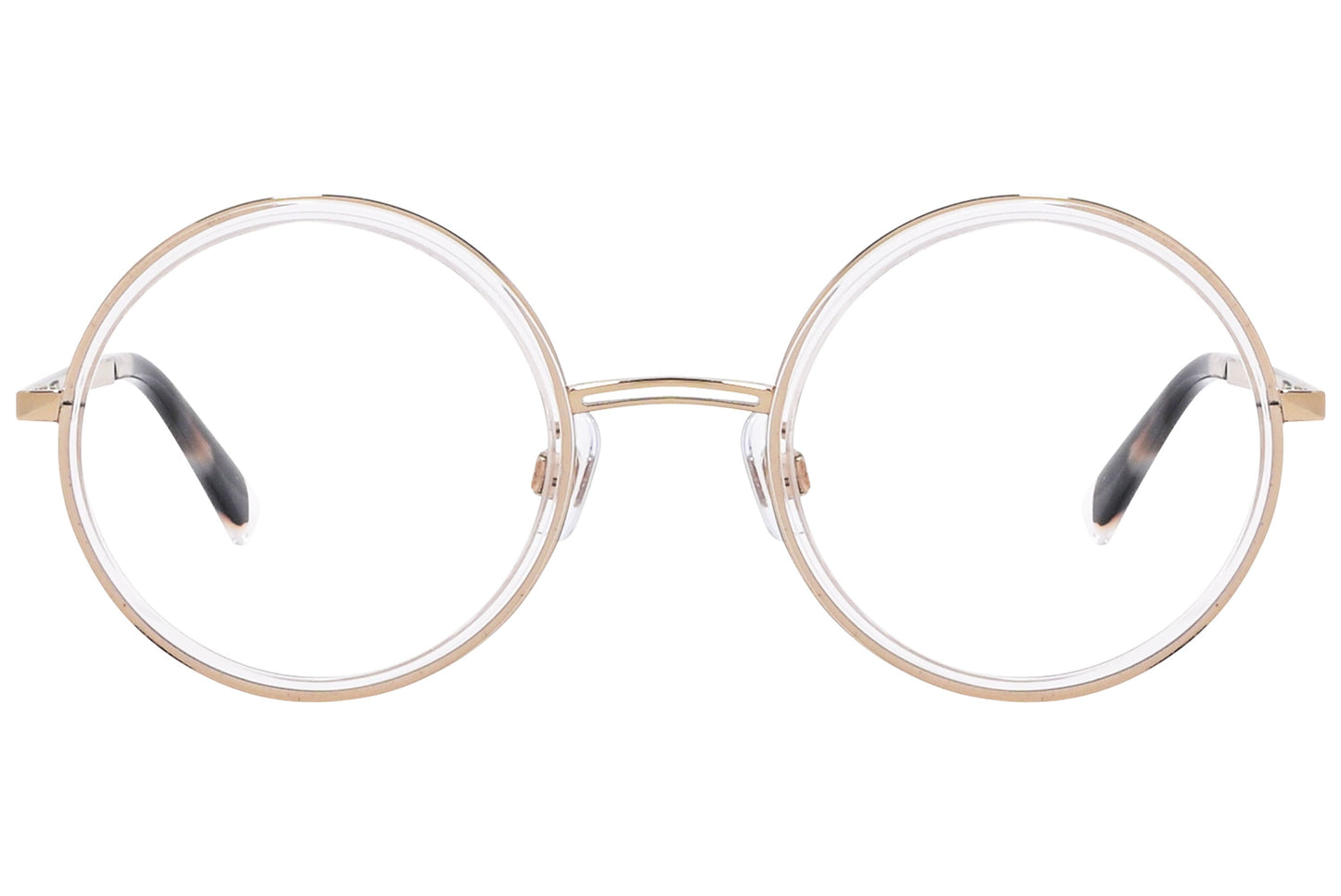 Gold round eyeglasses with a full frame and no visible hinges, viewed from the side.