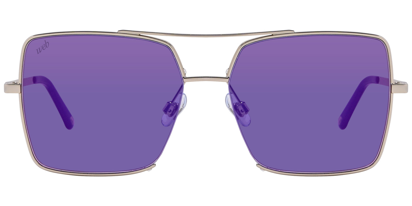 A pair of square-shaped sunglasses with gold frame and pink lenses.