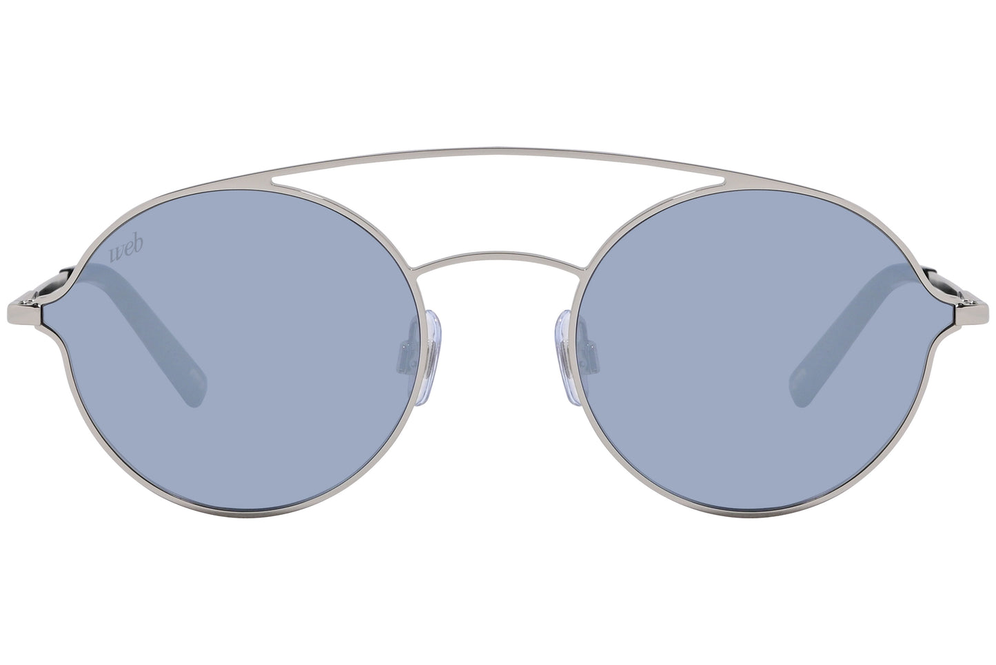 A pair of silver aviator sunglasses with blue lenses.