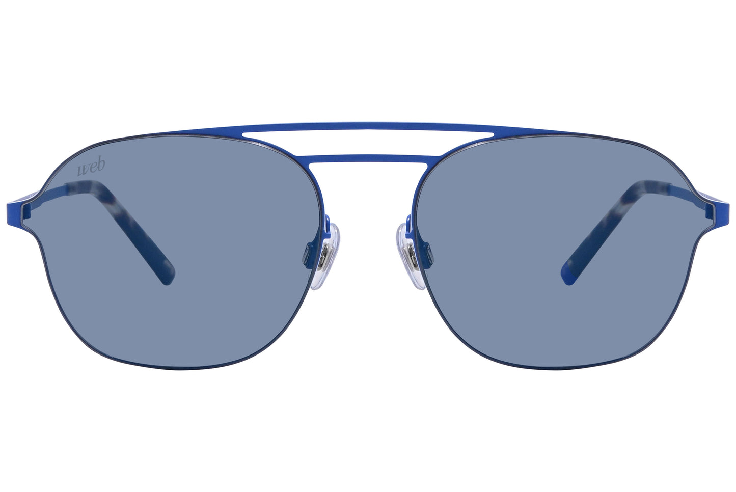Blue aviator style sunglasses with a metallic frame and blue lenses.