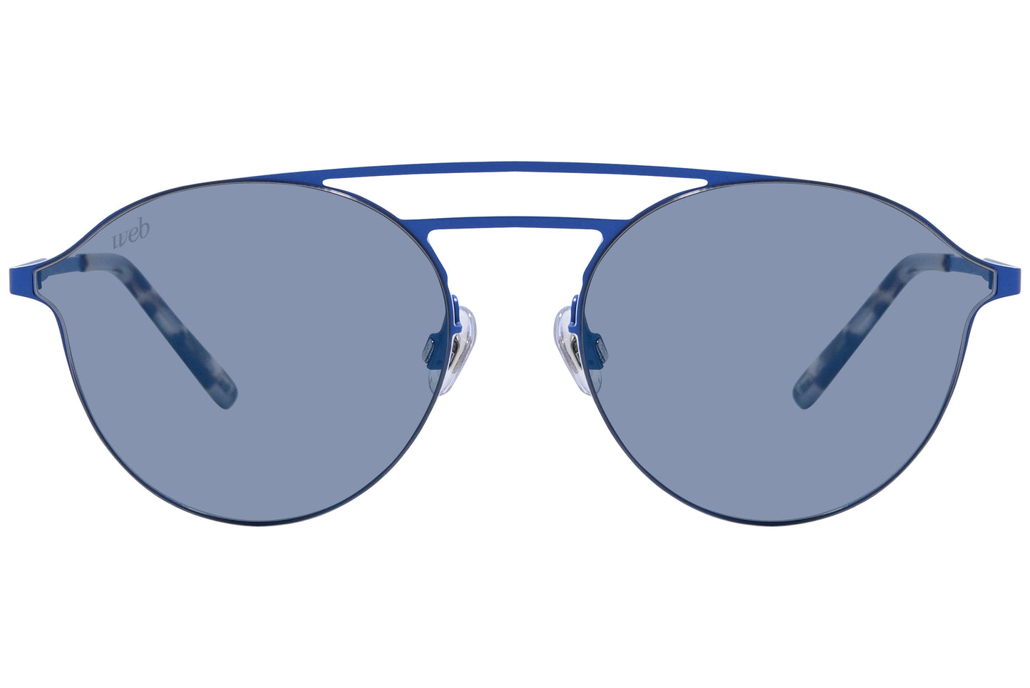 Blue aviator style sunglasses with a metallic structure and blue lenses.