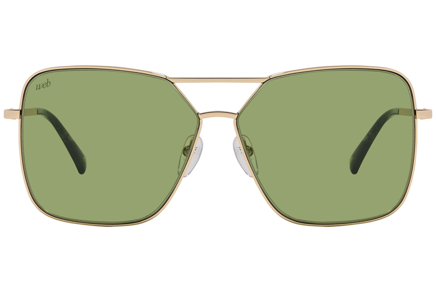 A pair of gold-framed square sunglasses with green lenses.