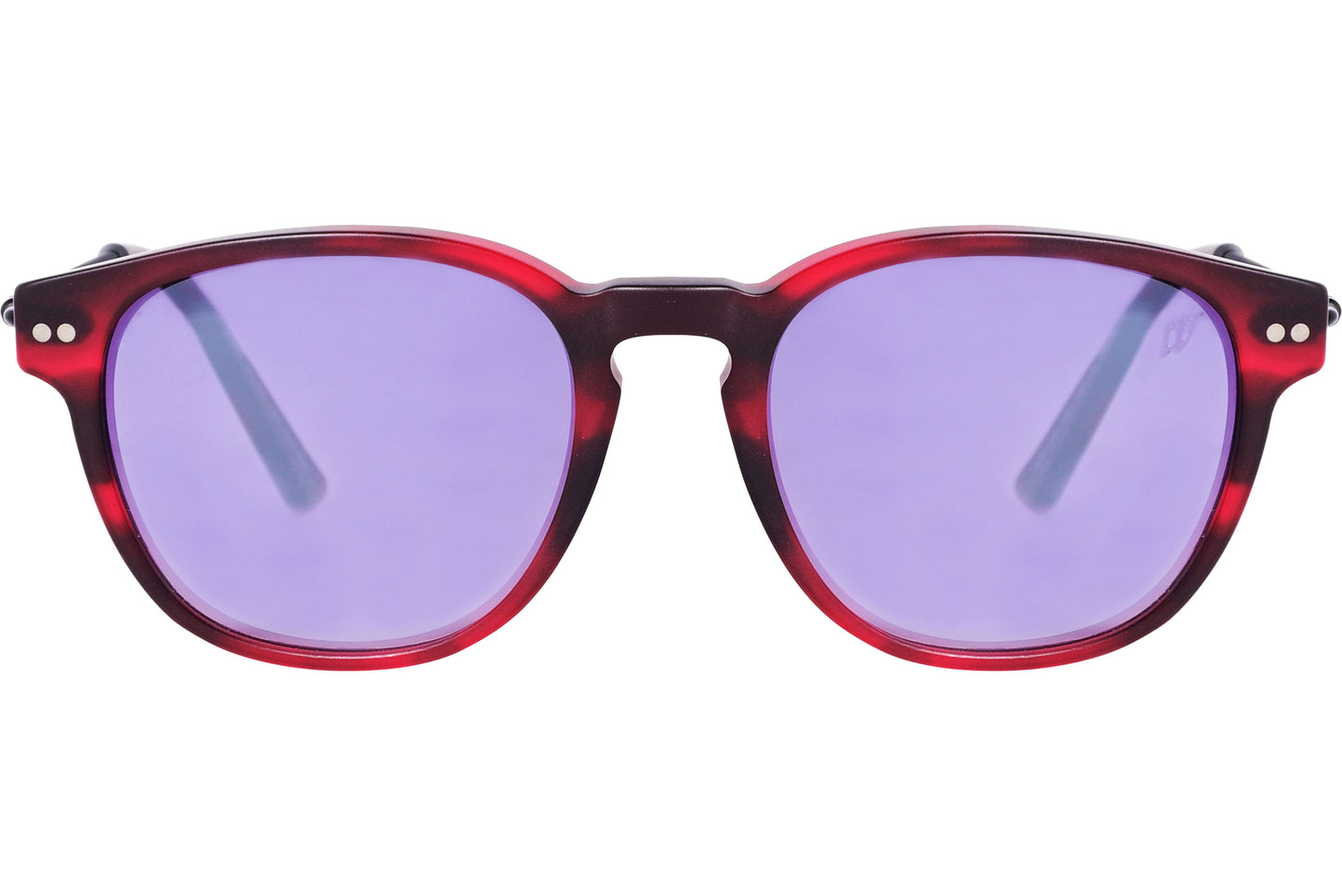 Red full frame round wayfarer sunglasses with purple lenses.