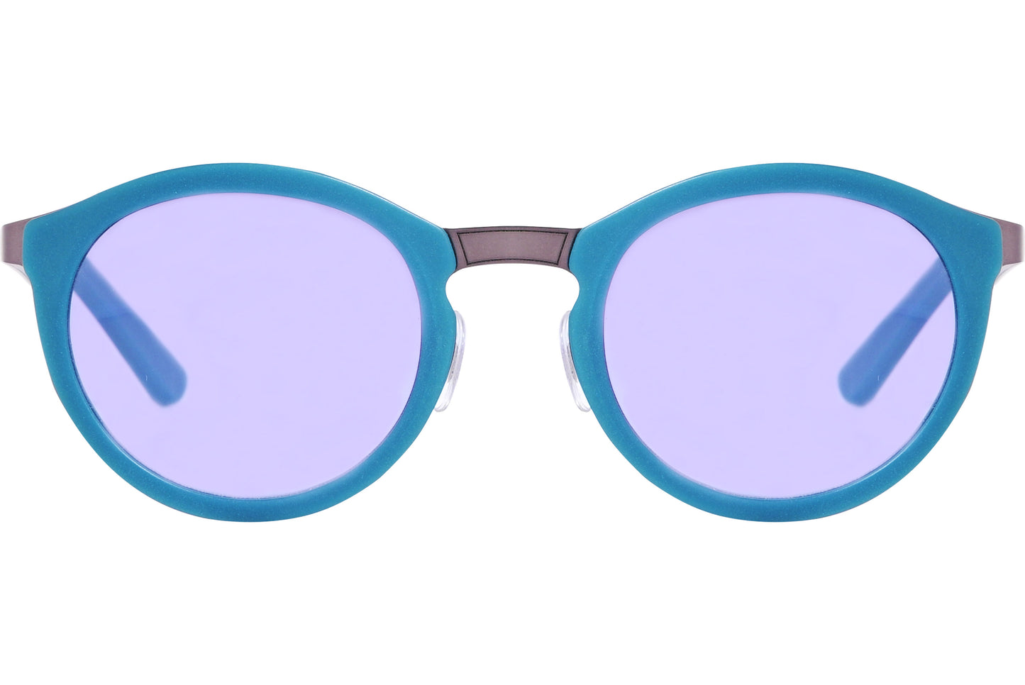 A pair of round sunglasses with blue frames and purple lenses.