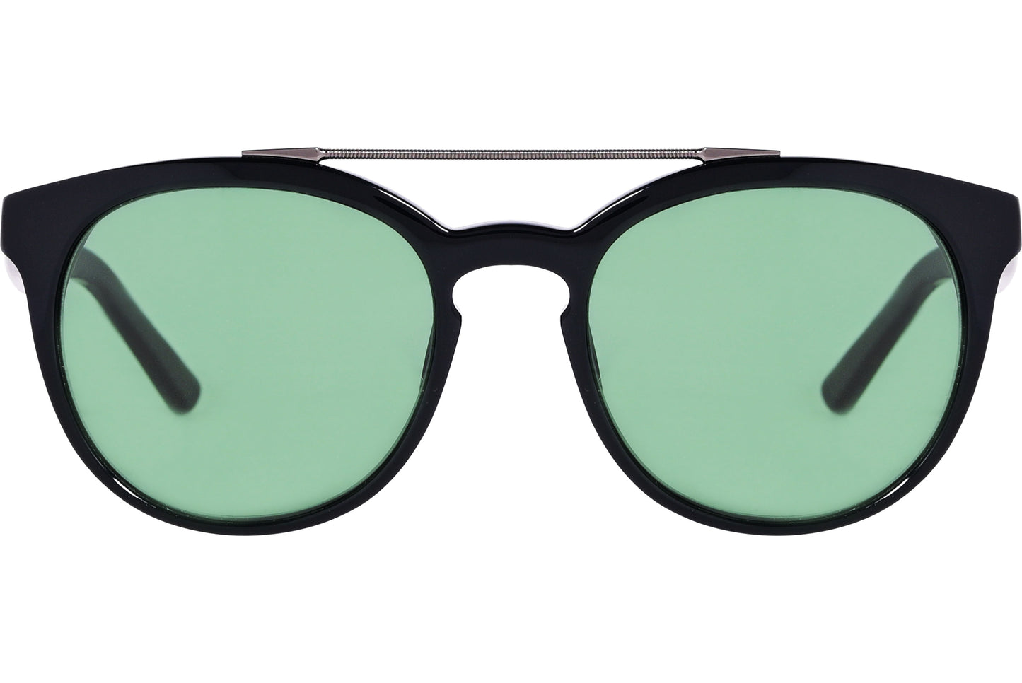 Black aviator sunglasses with green lenses.
